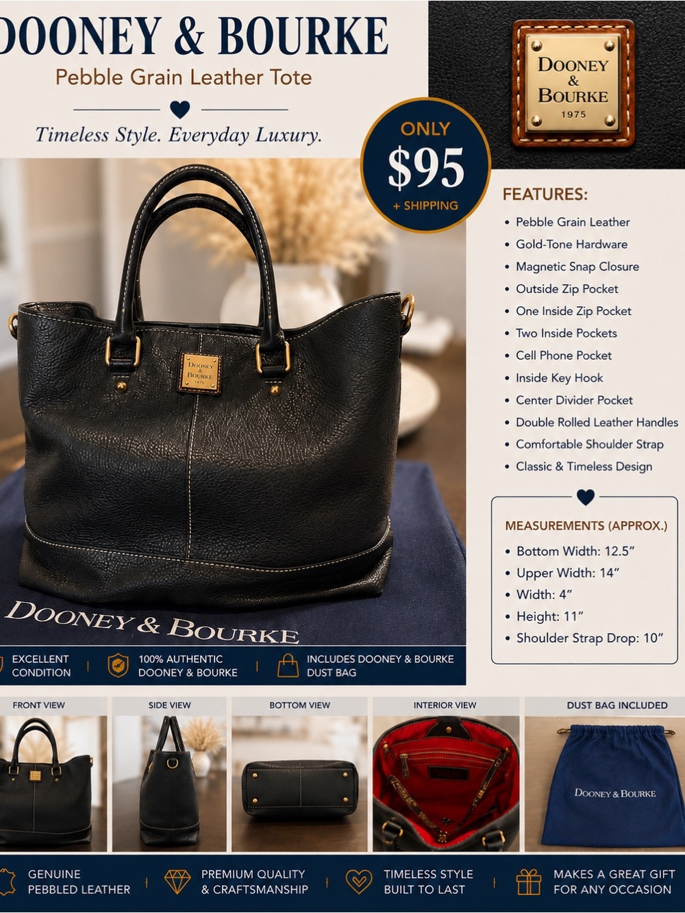 Dooney & Bourke Black Pebble Grain Leather Tote with Gold Hardware - Picture 1 of 7